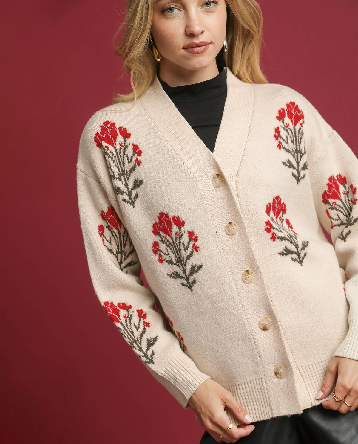 Umgee Floral Cardigan Sweater Ecru