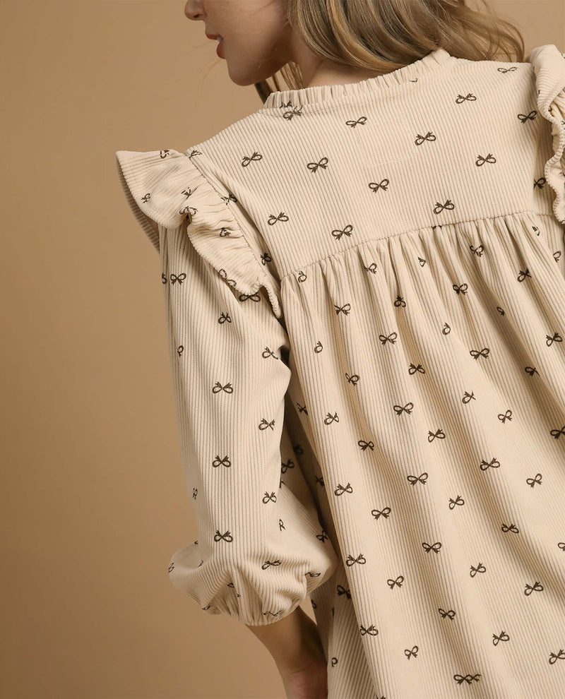Umgee Ruffle Shoulder Bow Print Top Oatmeal