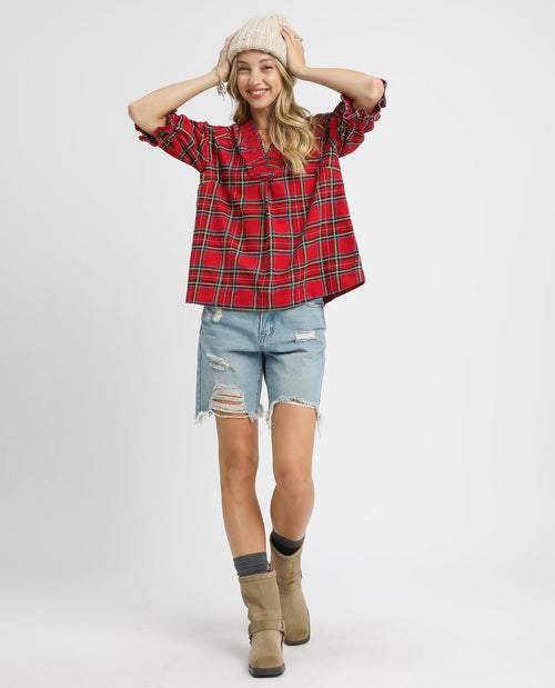 Umgee Tartan Plaid  Ruffle Neck Top Red