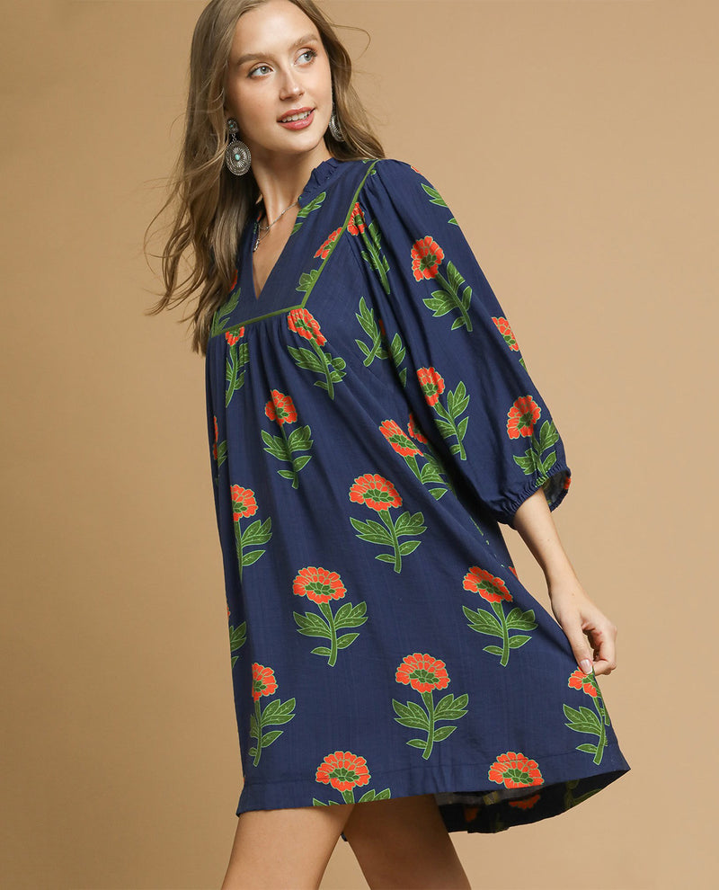 Umgee Flower Ruffle Collar Dress Navy Mix