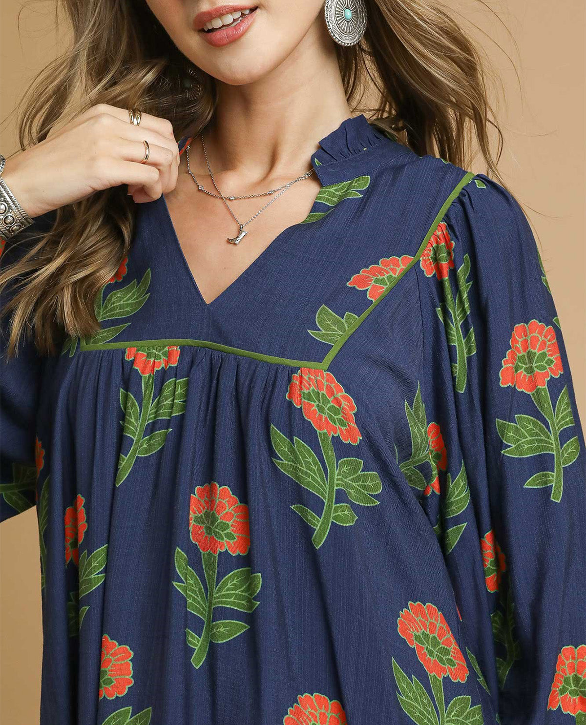 Umgee Flower Ruffle Collar Dress Navy Mix