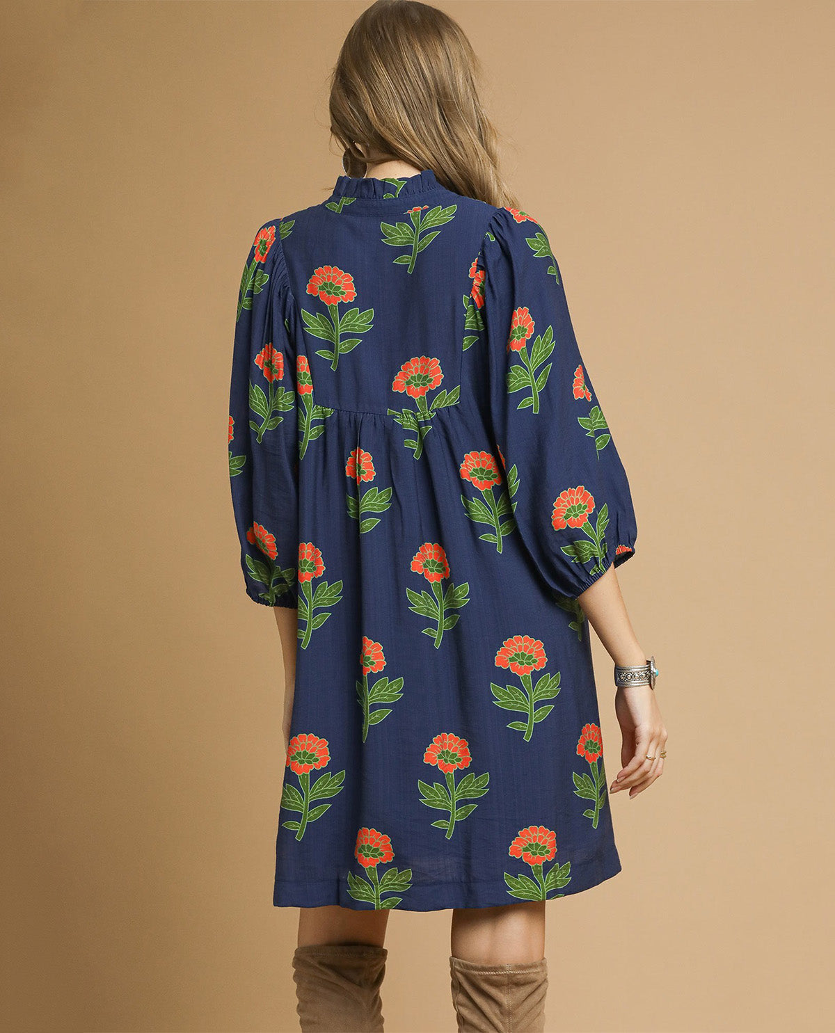 Umgee Flower Ruffle Collar Dress Navy Mix