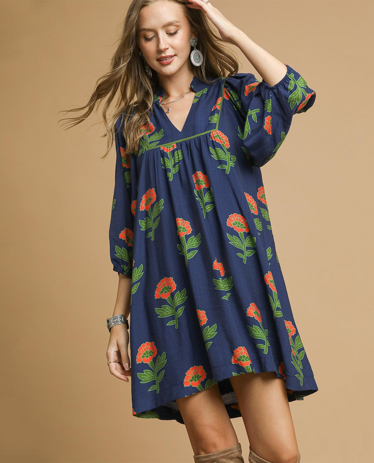 Umgee Flower Ruffle Collar Dress Navy Mix