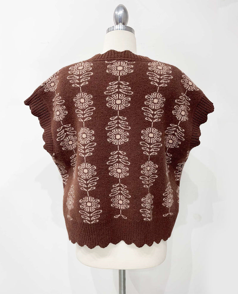 Umgee Flower Print Scallop Edge Sweater