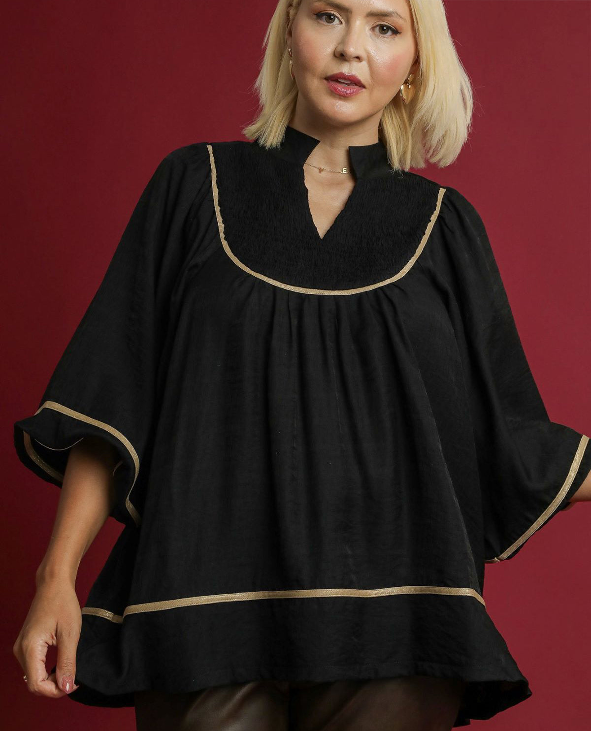 Umgee Plus Solid Smock Top with Contrast Piping