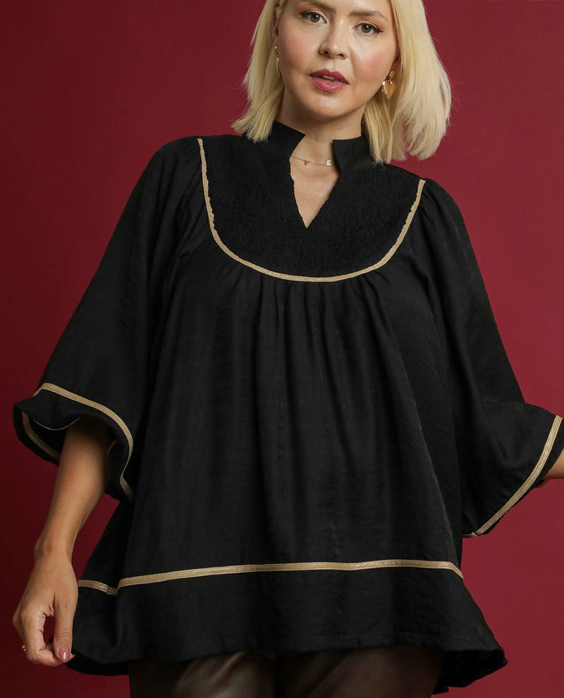 Umgee Plus Solid Smock Top with Contrast Piping