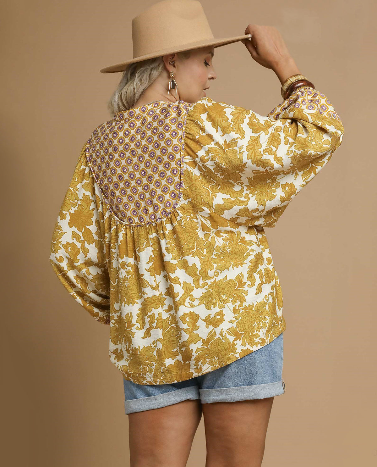 Umgee Plus Mix Abstract Print Top Mustard Mix