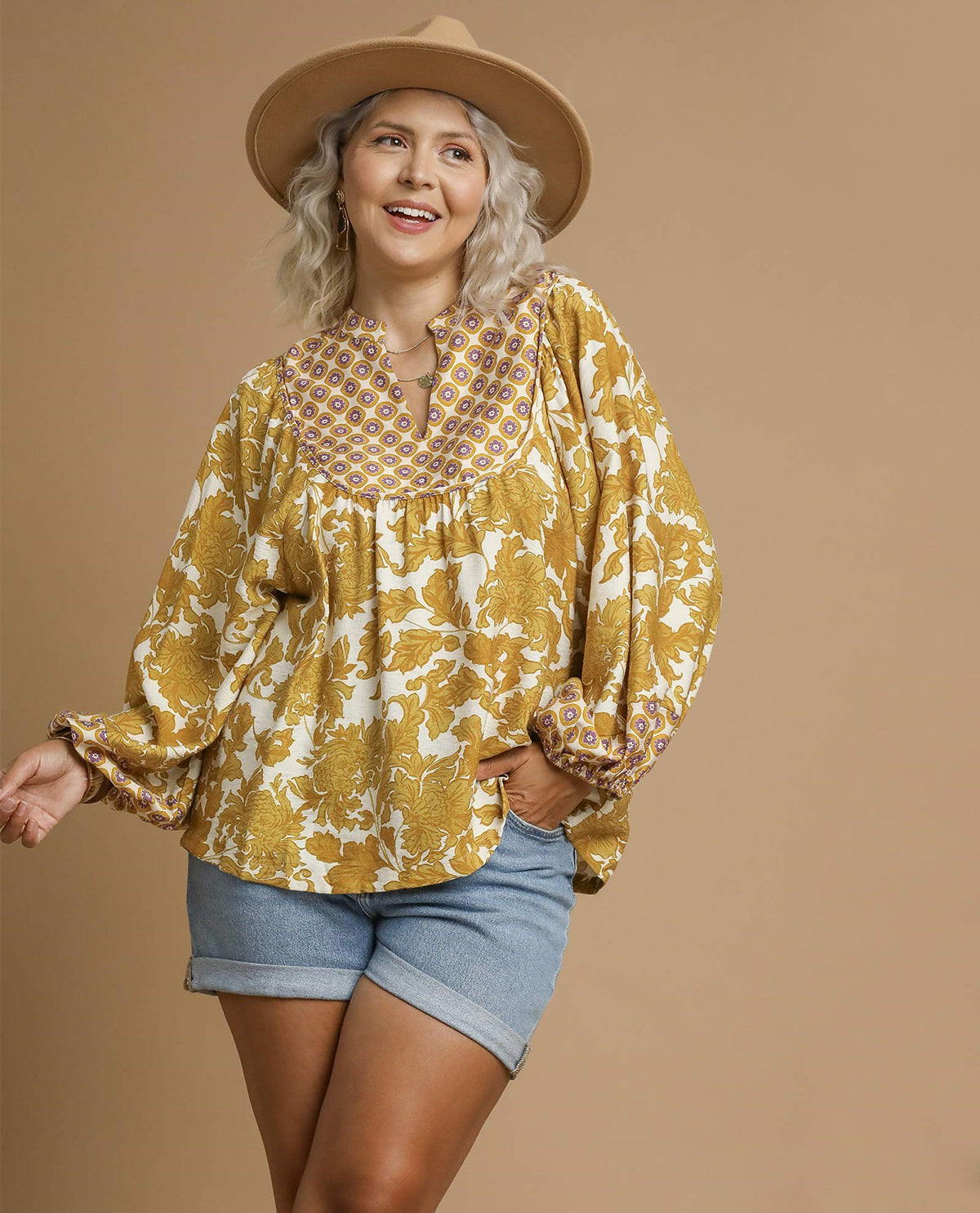 Umgee Plus Mix Abstract Print Top Mustard Mix