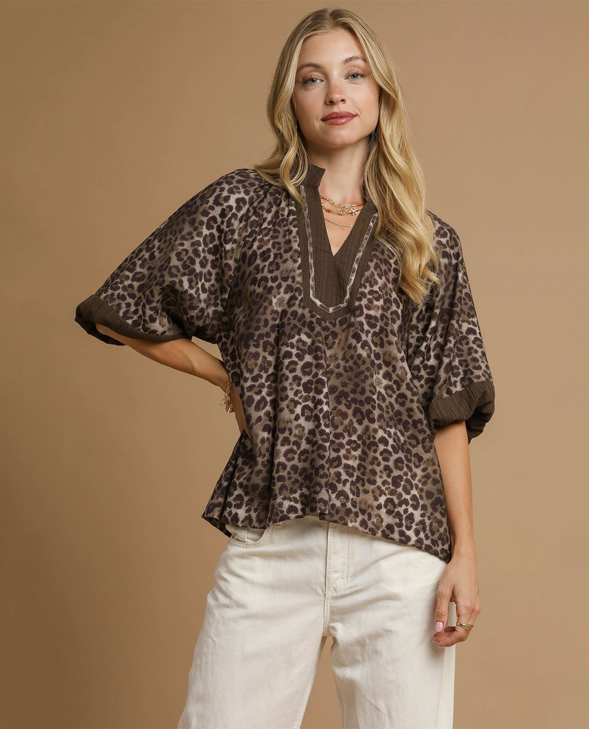 Leopard Print Pleated Sleeve Top
