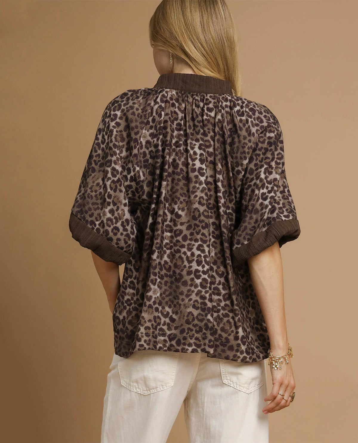 Leopard Print Pleated Sleeve Top