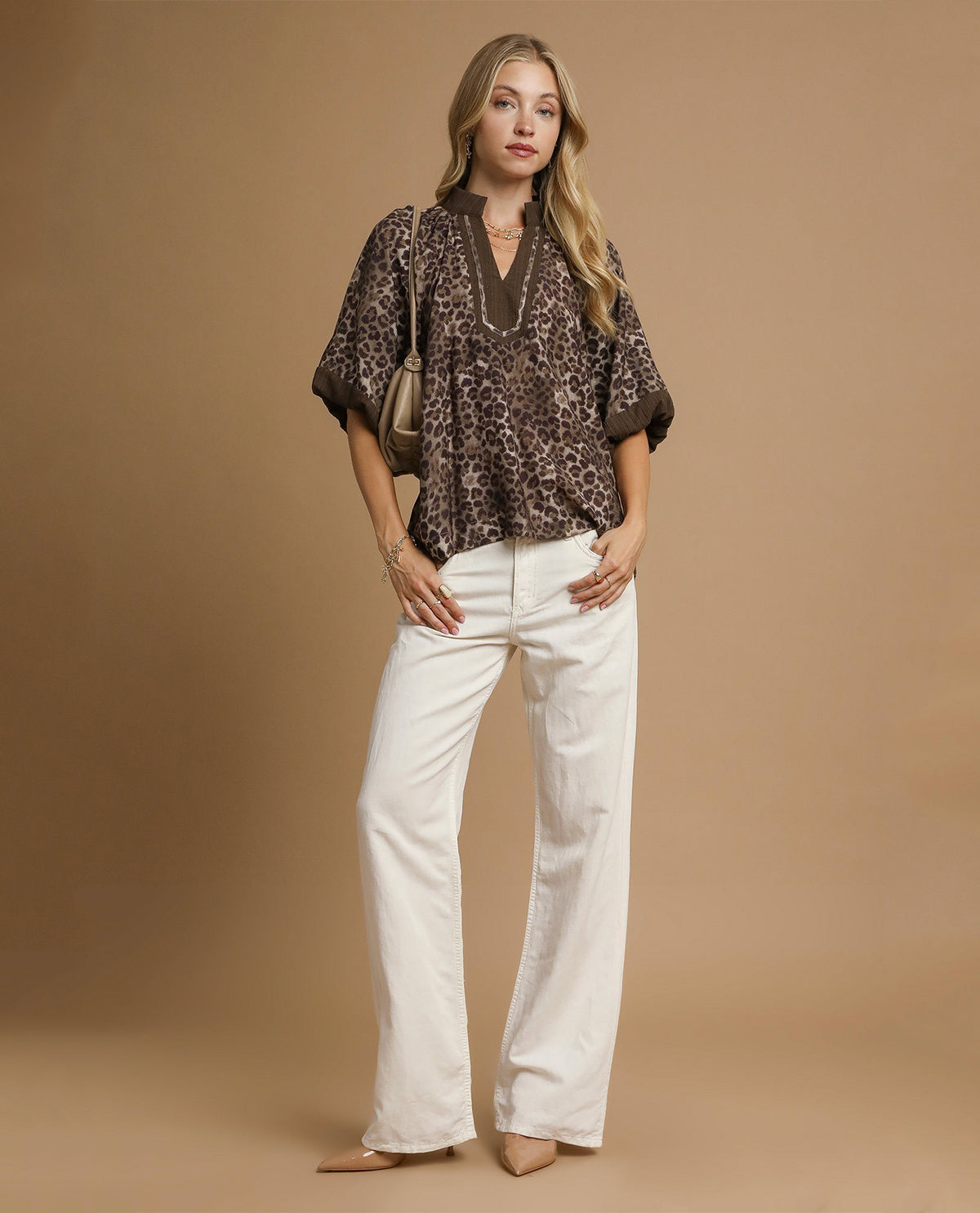 Leopard Print Pleated Sleeve Top