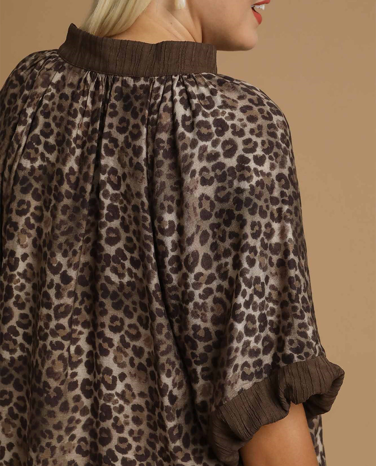 Umgee Plus Leopard Print Pleated Sleeve Top