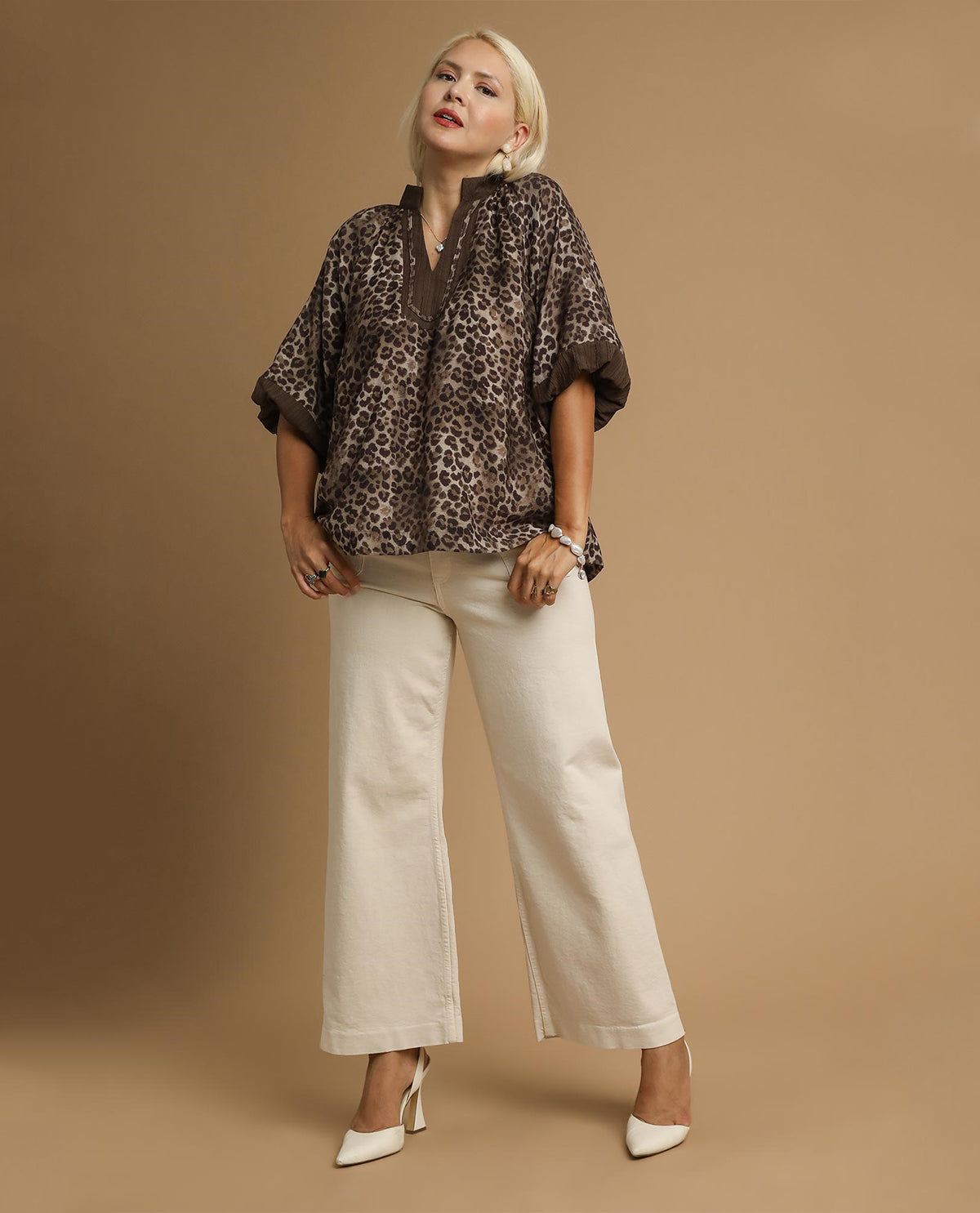 Umgee Plus Leopard Print Pleated Sleeve Top