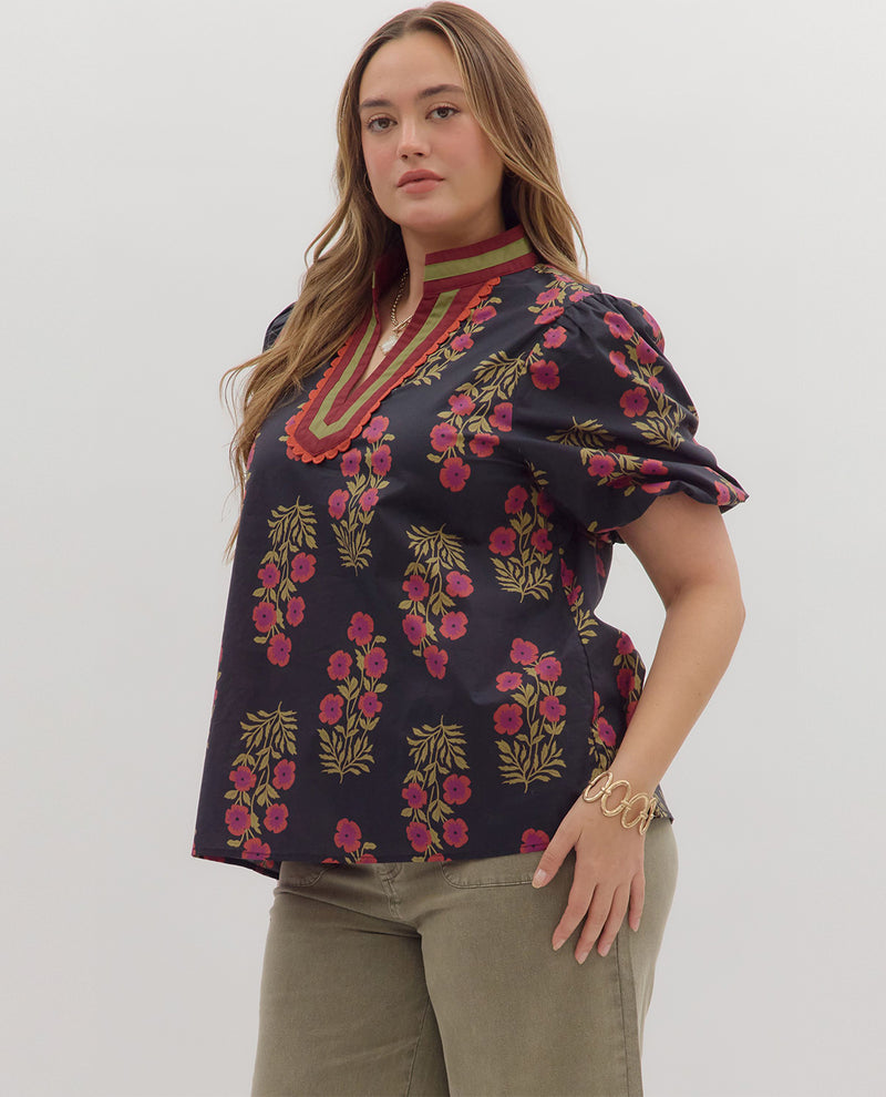 Entro Plus Print Top with Contrast Neck Trim Black