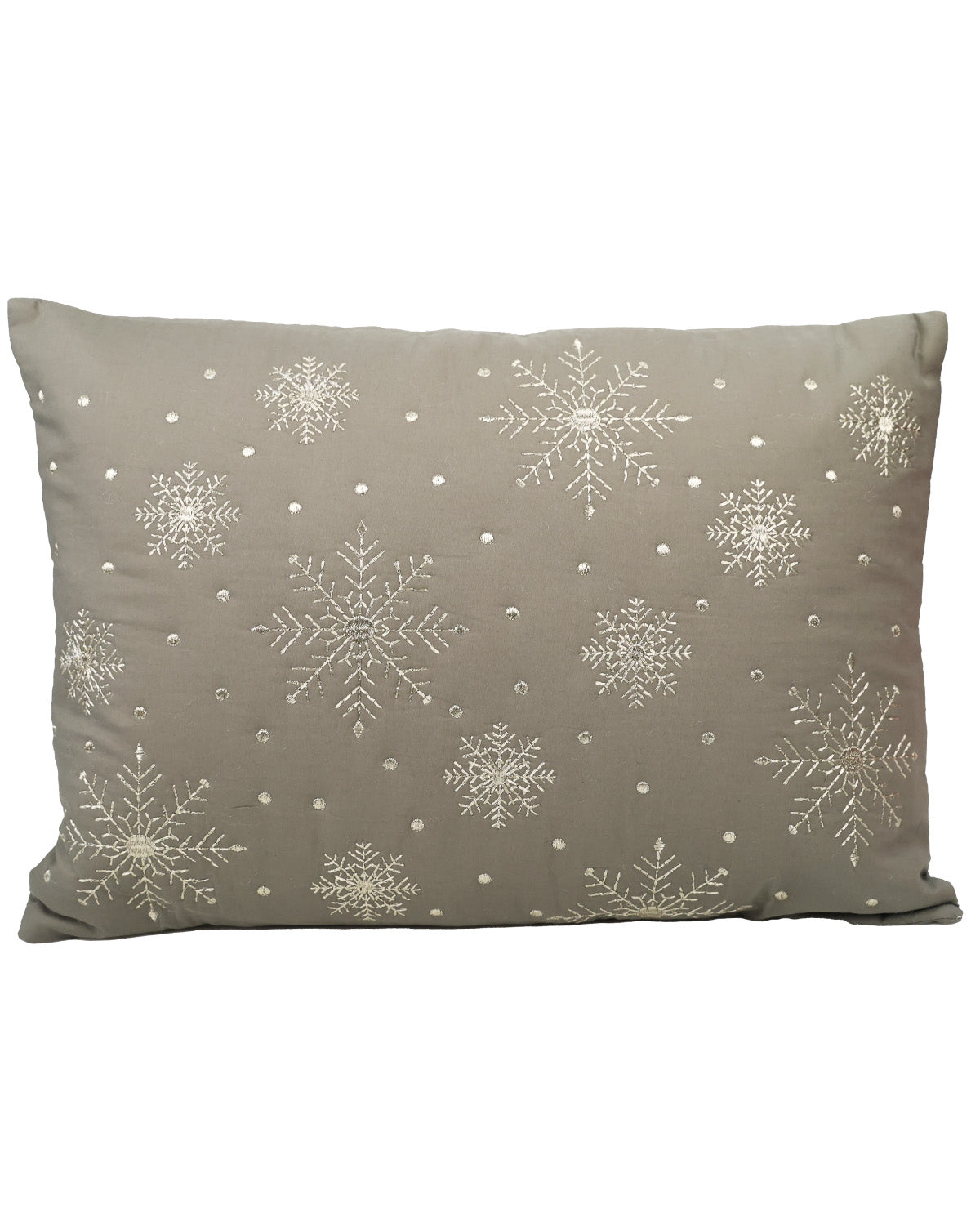A rectangular throw pillow in taupe with a pattern of white embroidered snowflakes and small white dots, shown against a plain white background.