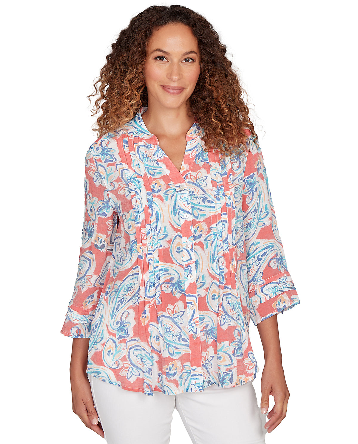 Ruby Road Petite Paisley Print Silky Slub Top Coral