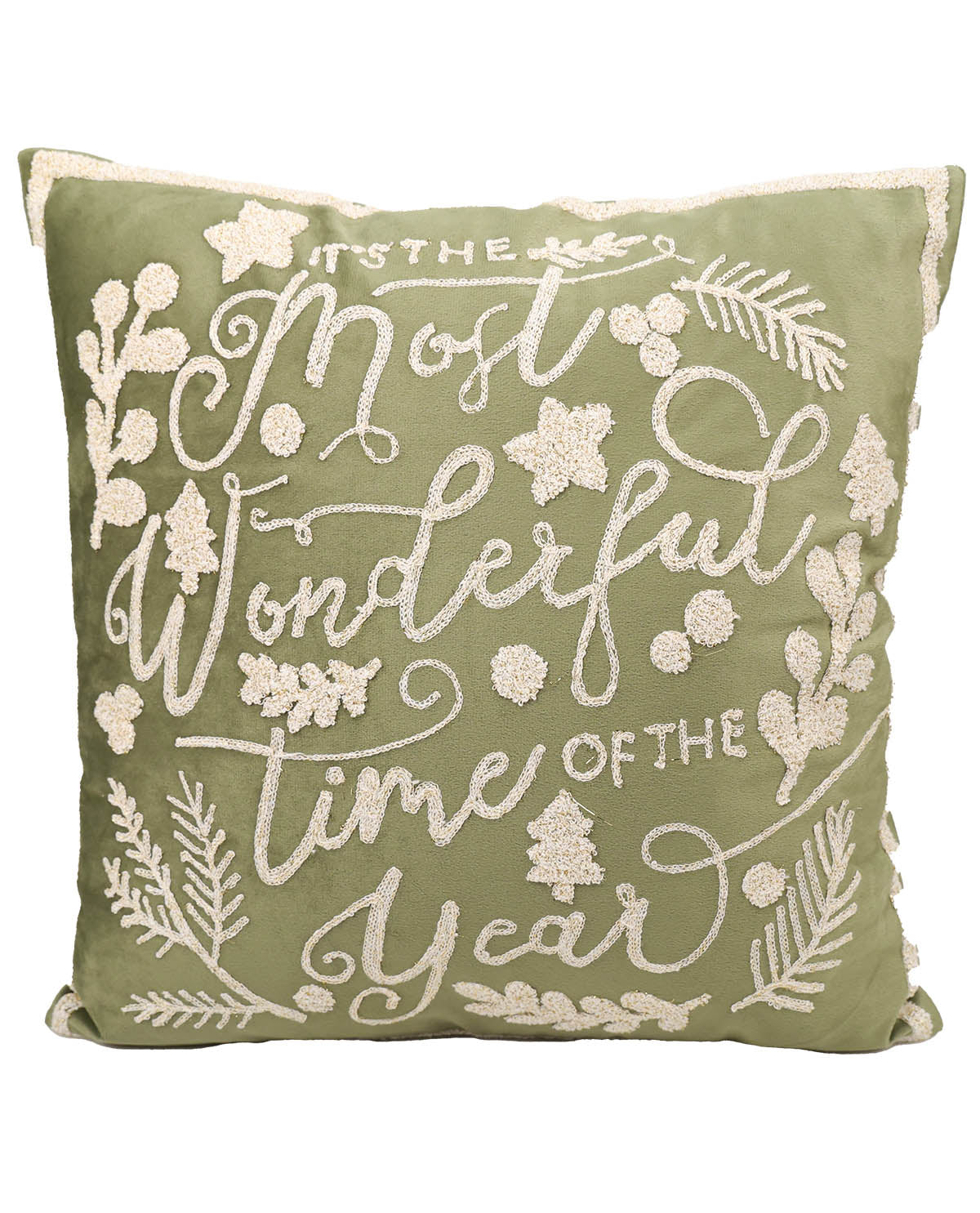 Green Velvet Wonderful Embroidered Throw Pillow