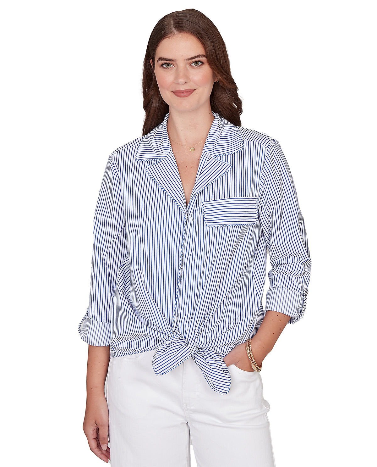 Ruby Road Set Sail 3/4 Sleeve Stripe Tie Front Top White/Blue