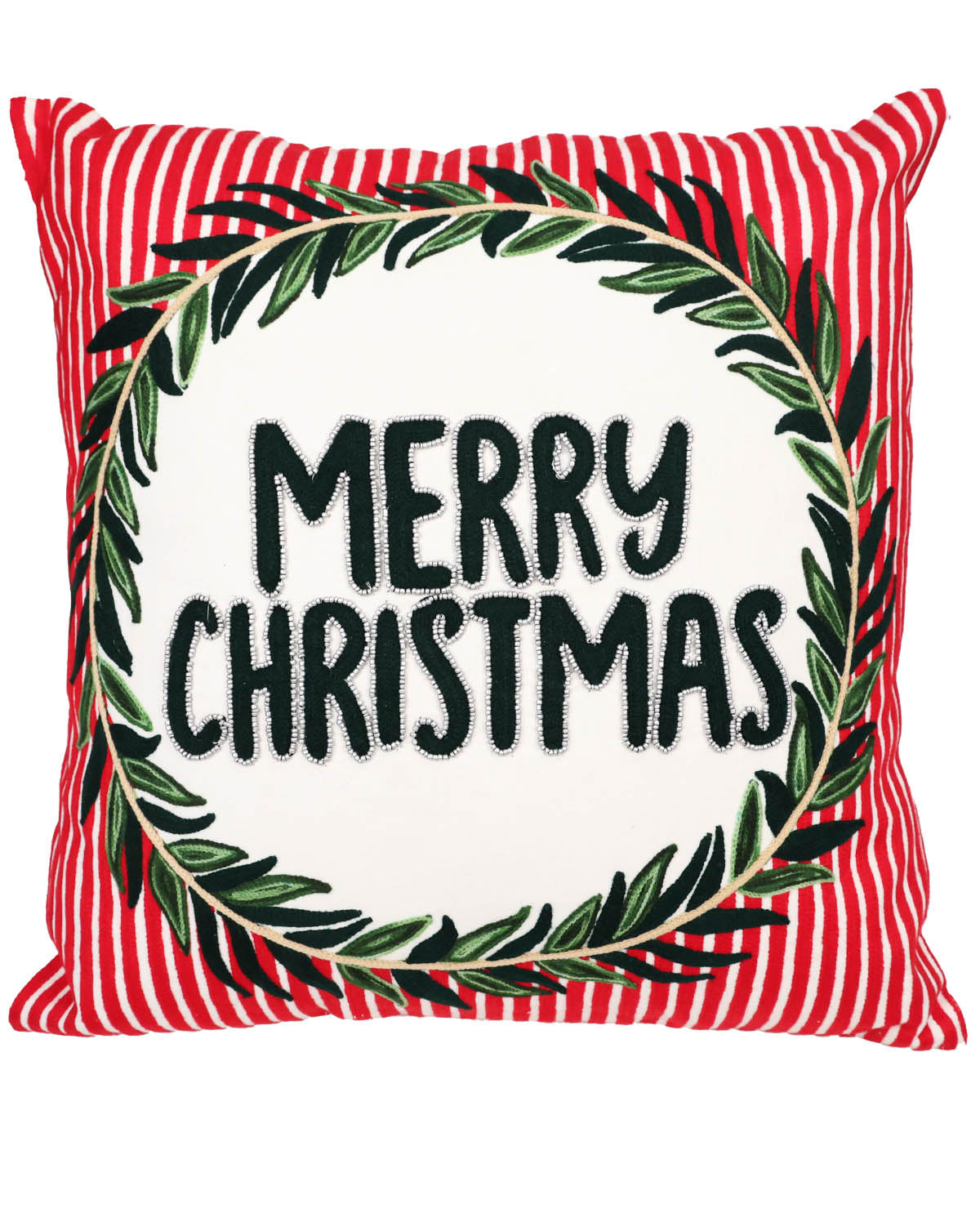 Merry Christmas Stripes & Wreath Throw Pillow