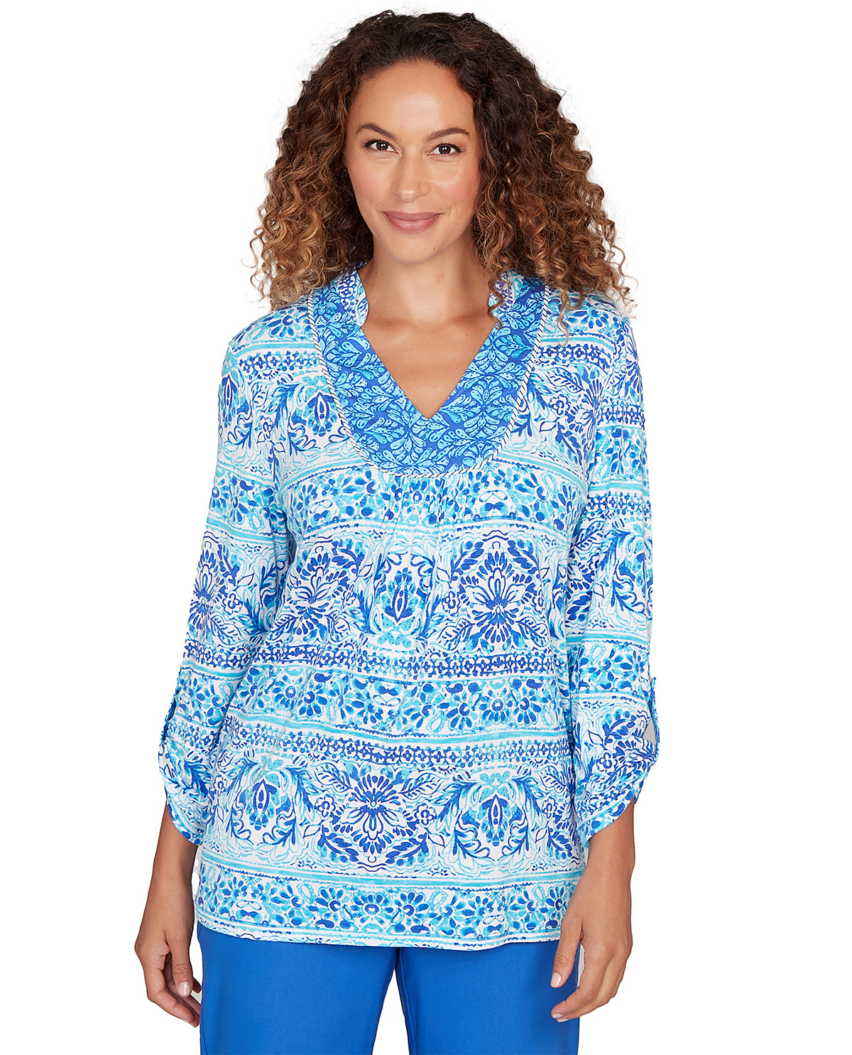 Ruby Road Missy Set Sail 3/4 Sleeve V-Neck Stripe Top