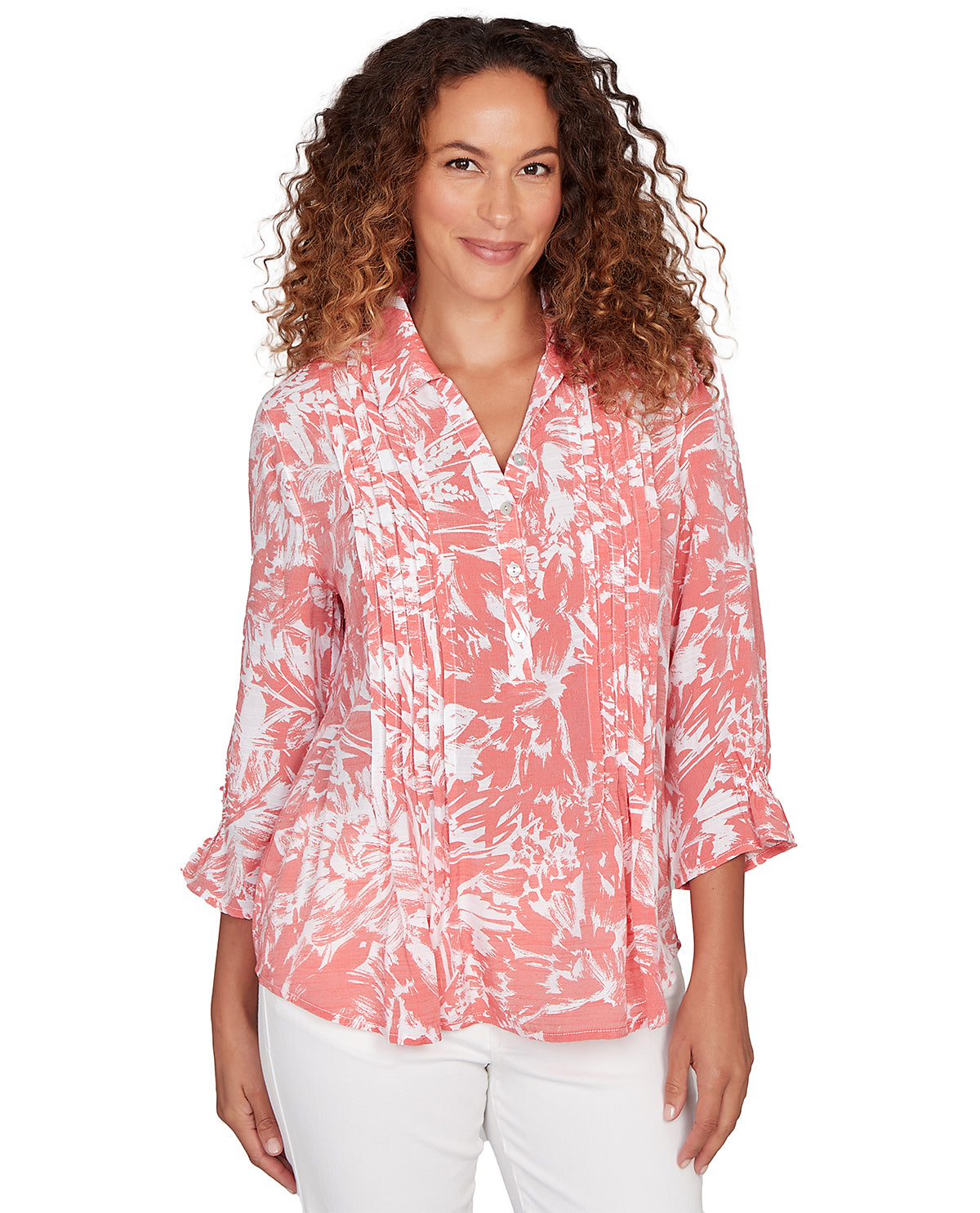 Ruby Road Petite Floral Print Slub Top Coral