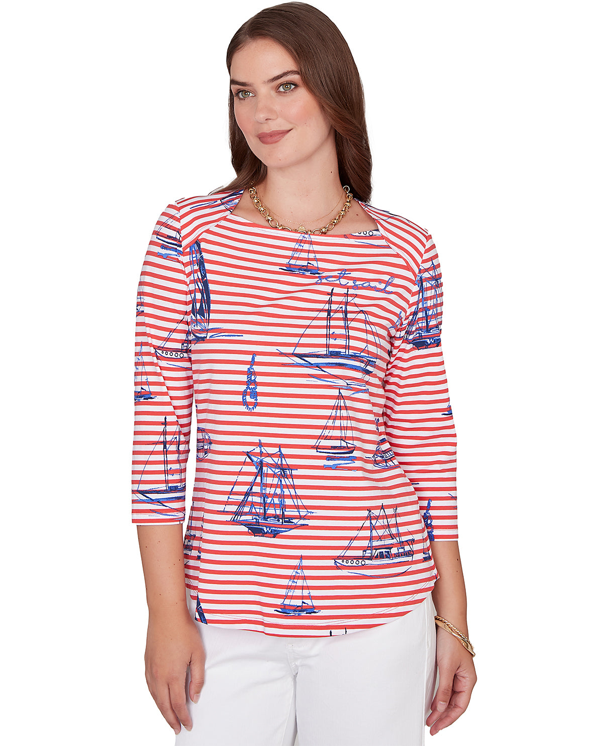 Ruby Road Must Haves 3/4 Sleeve Stripe Knit Top Coral