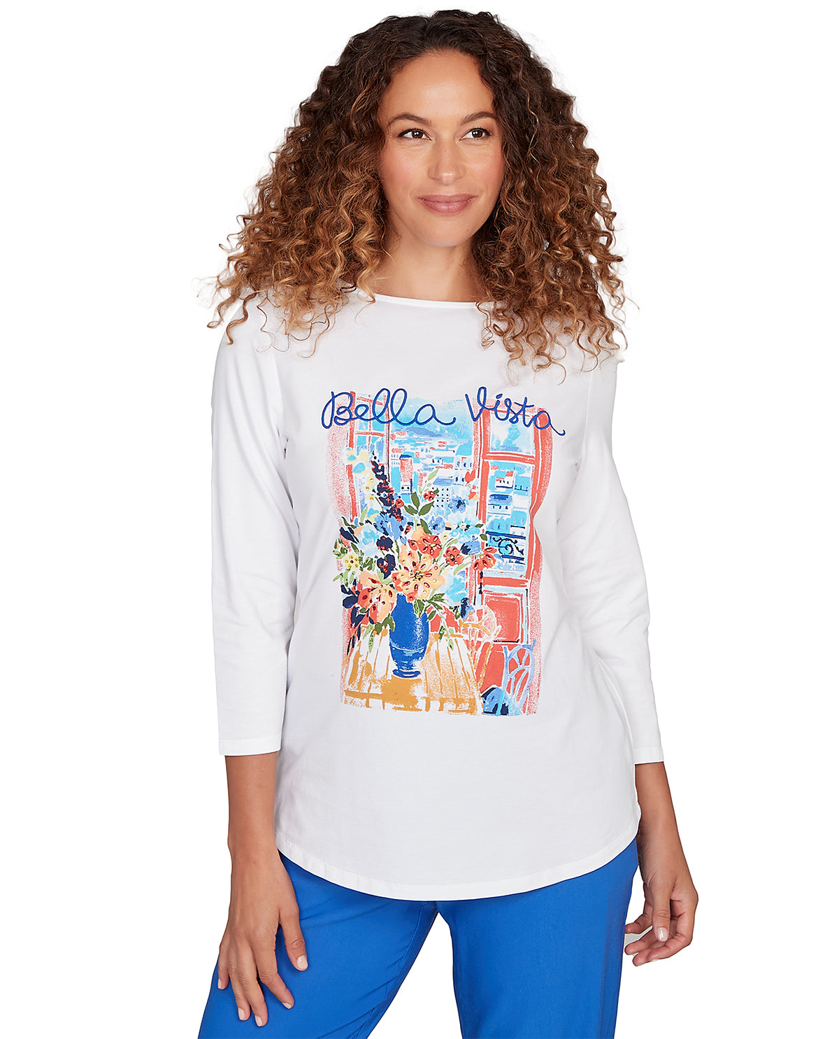 Ruby Road Must Haves 3/4 Sleeve Print Knit Top White