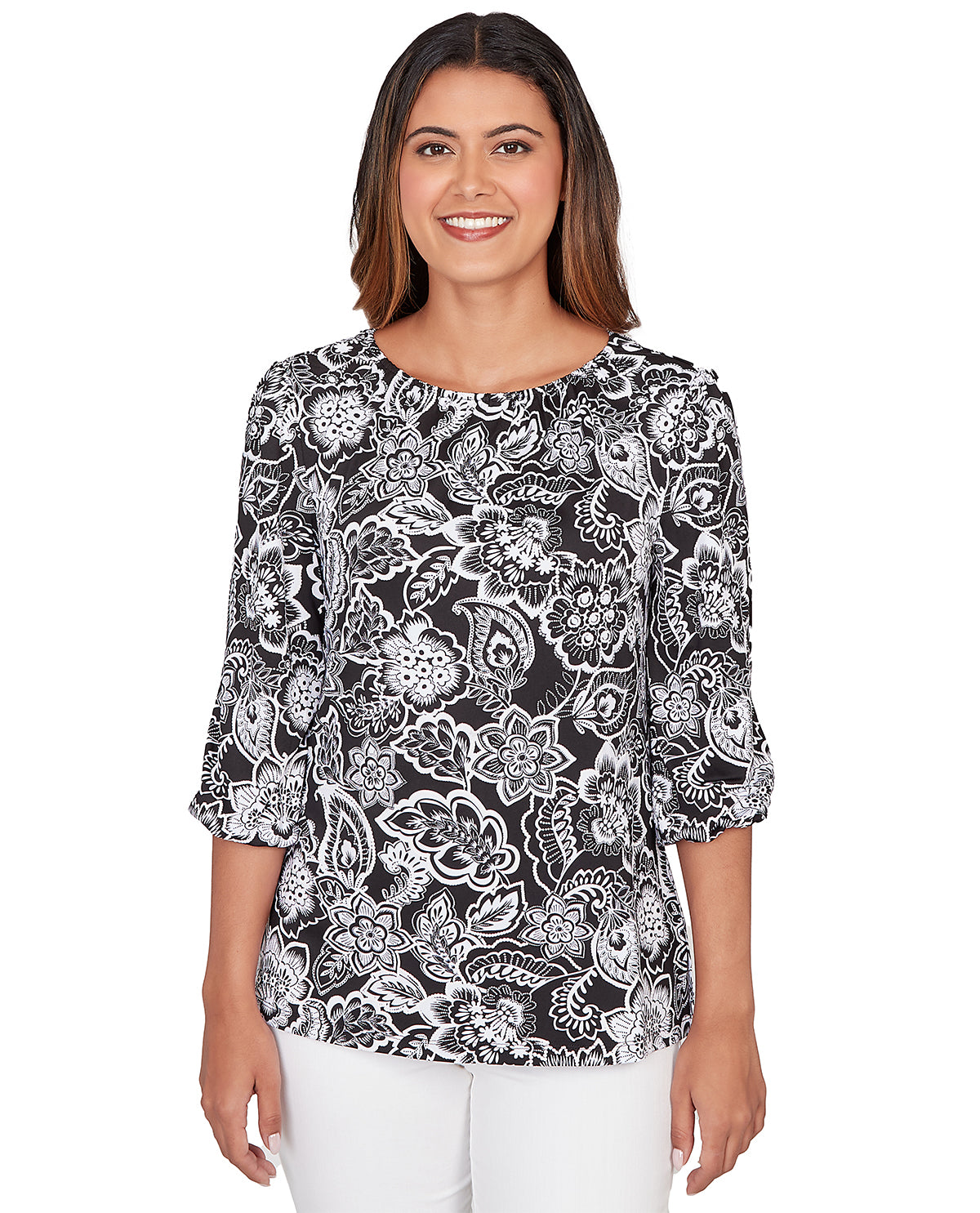 Ruby Road Petite Floral Puff Print Knit Top Black/White