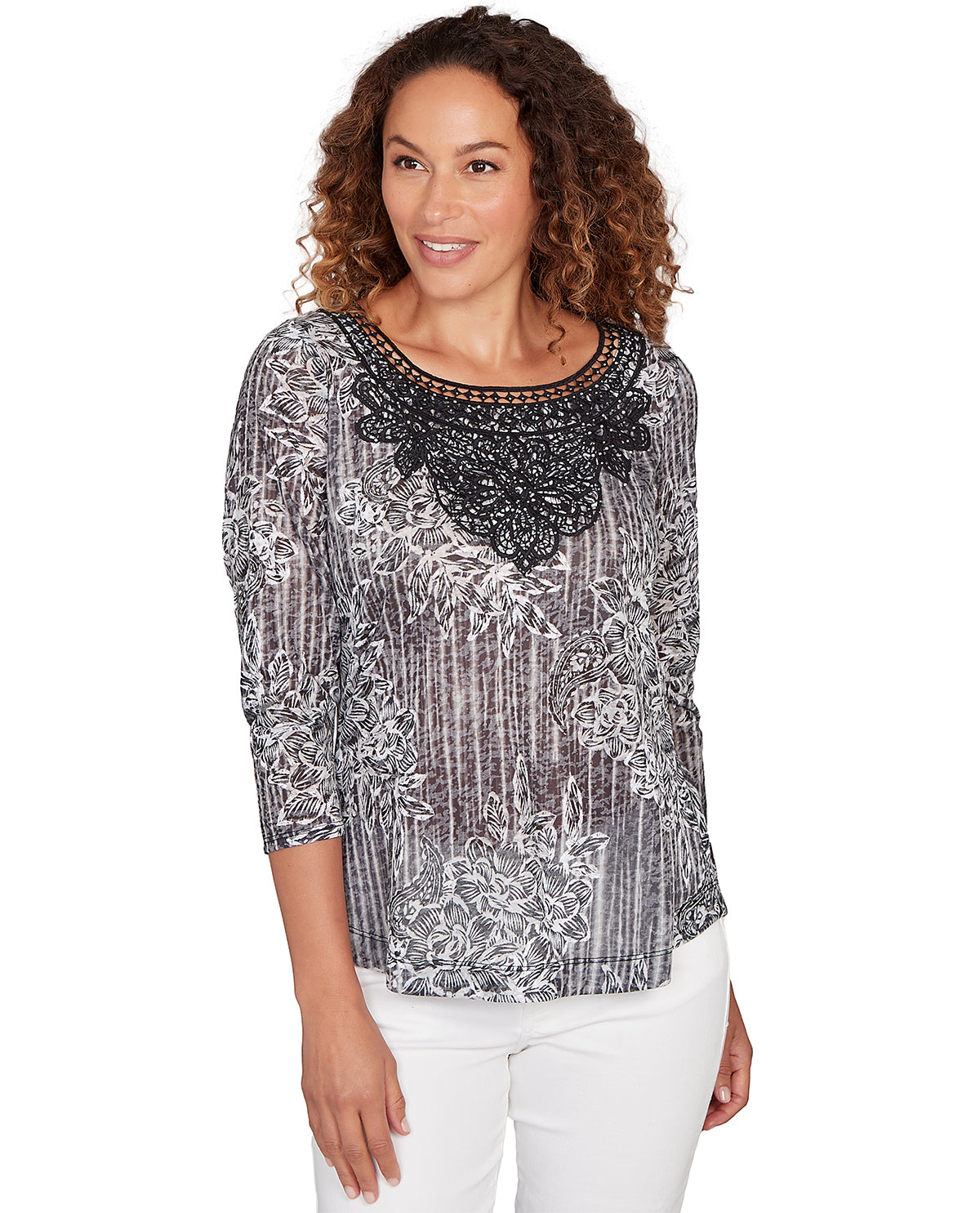 Ruby Road Cal Dreaming 3/4 Sleeve Embroidered Floral Knit Top