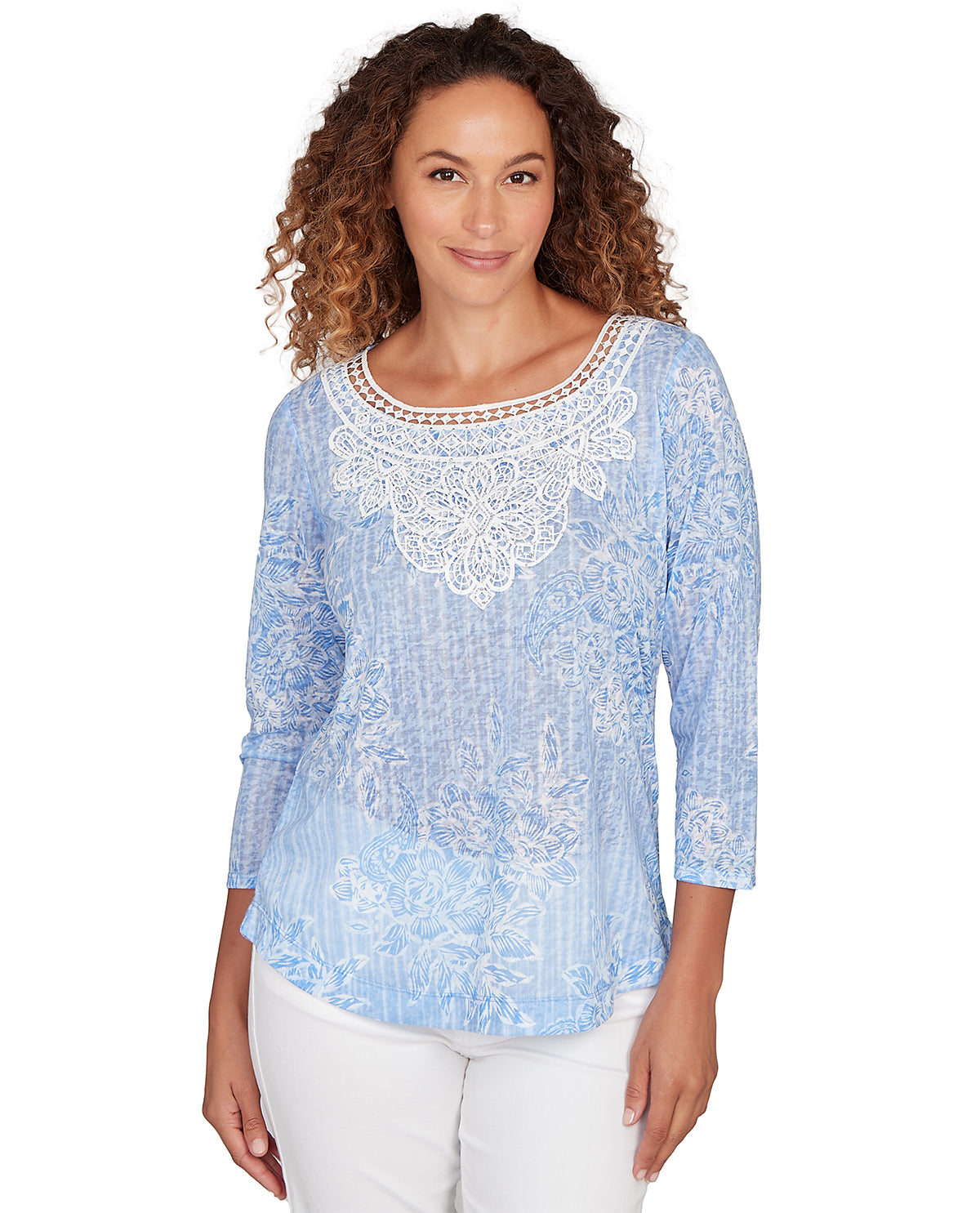 Ruby Road Cal Dreaming 3/4 Sleeve Embroidered Floral Knit Top