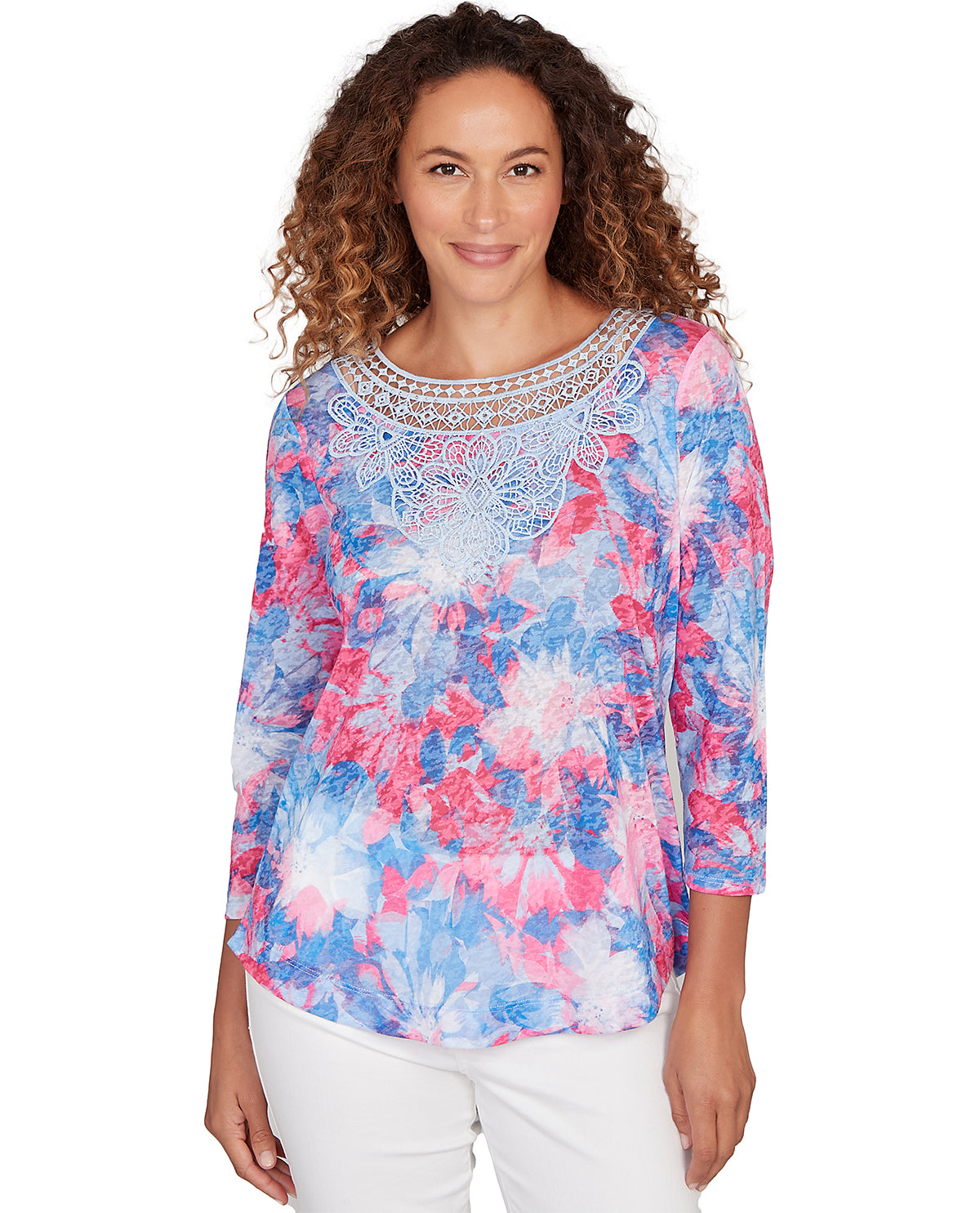 Ruby Road Cal Dreaming 3/4 Sleeve Floral Print Top Lt Blue