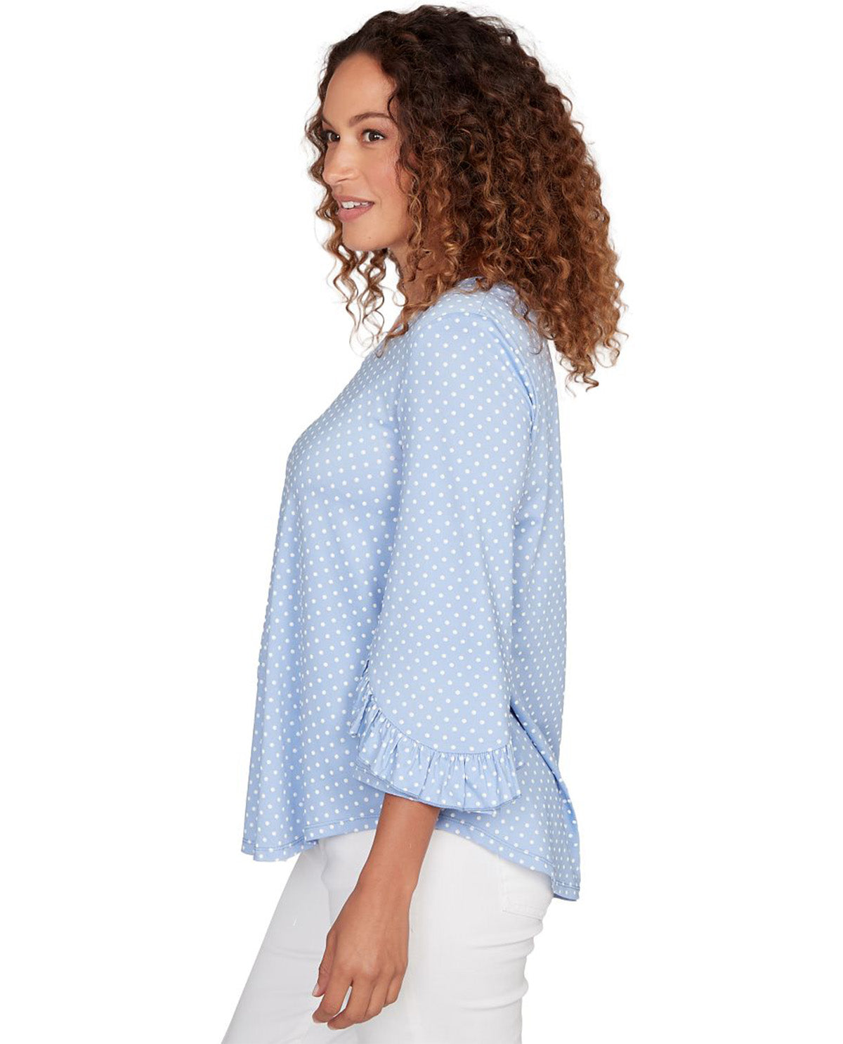 Ruby Road V-Neck Polka Dot Puff Print Knit Top Lt Blue