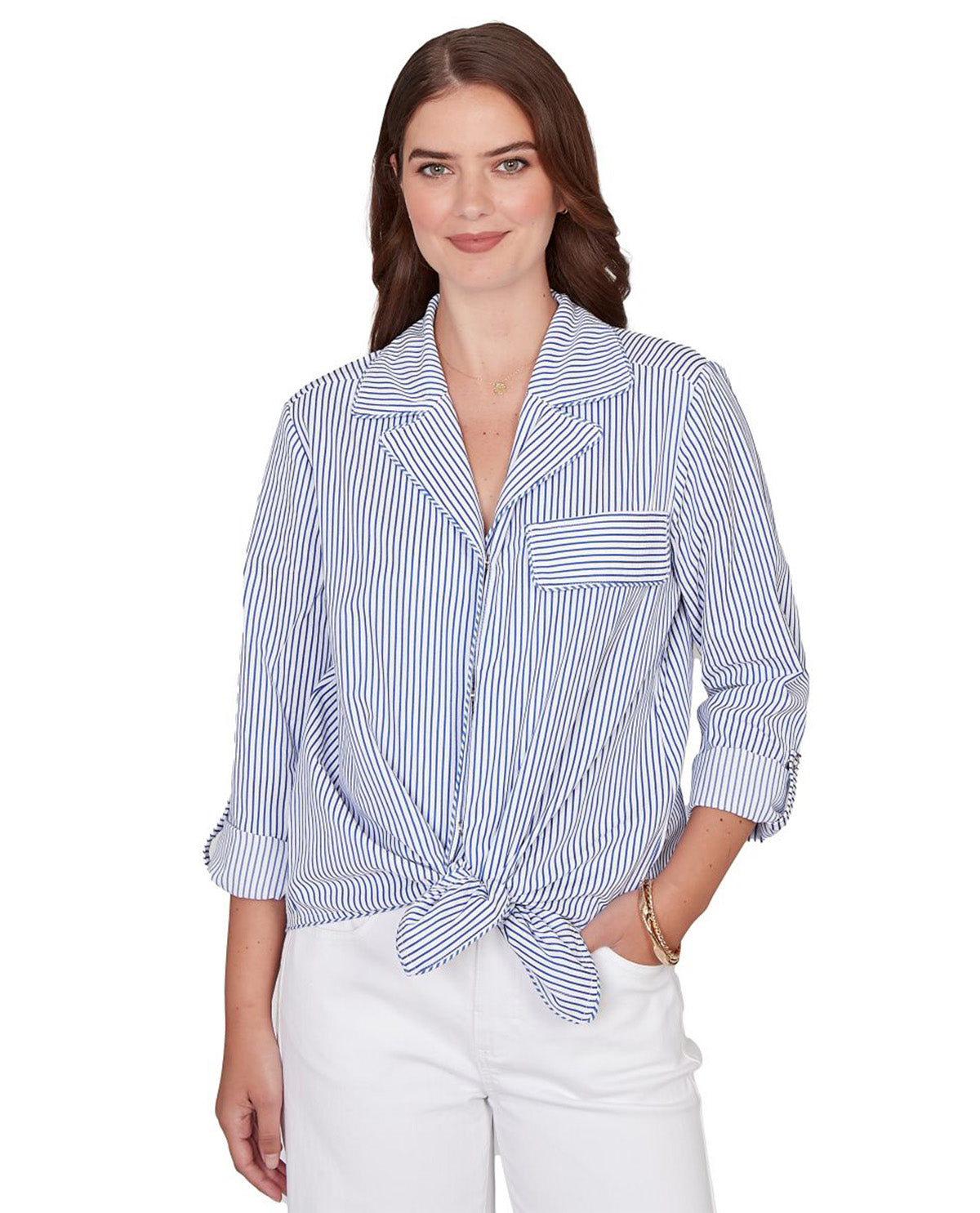 Ruby Road Stripe Tie Front Top White/Sea Blue