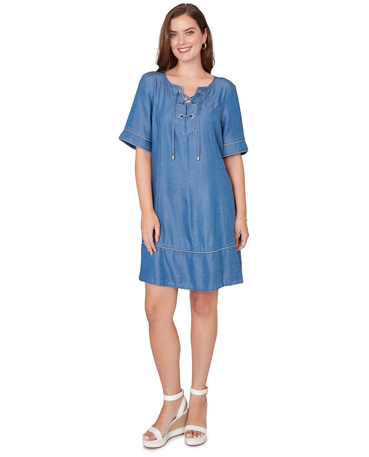 Ruby Road Split Neck Tencel Dress Chambray