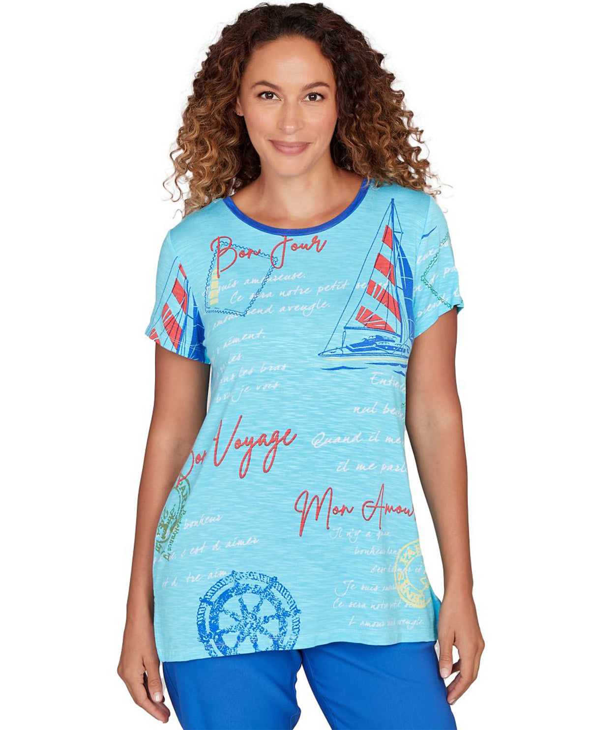 Ruby Road Short Sleeve Placement Knit Top Aruba Blue