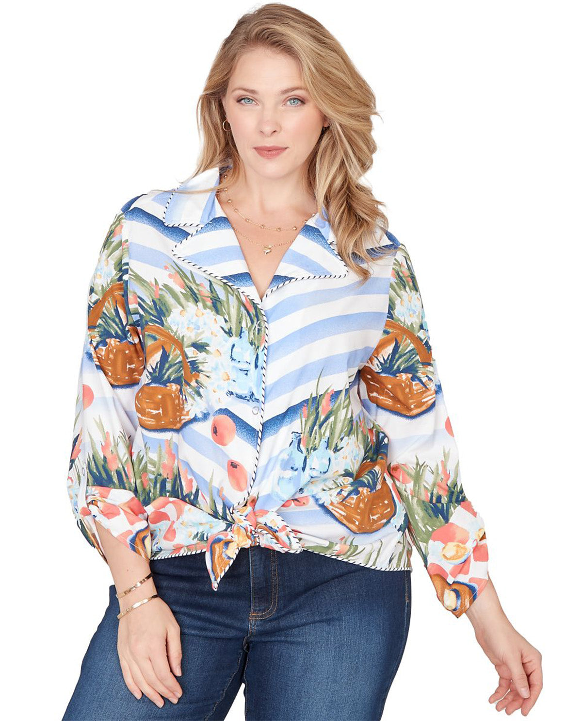 Ruby Road Tie Front Print Top Sea Blue