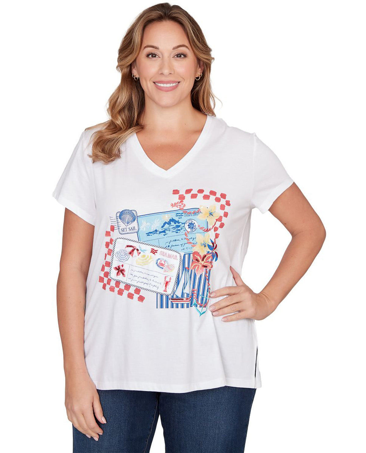 Ruby Road V-Neck Knit Top Coral