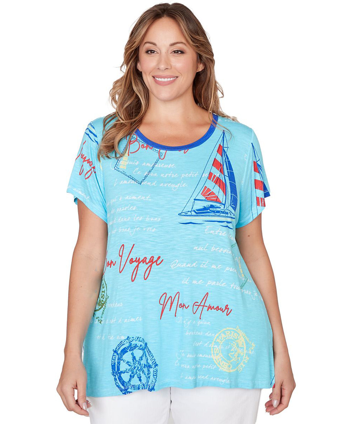 Ruby Road Scoop Neck Print Knit Top Aruba Blue