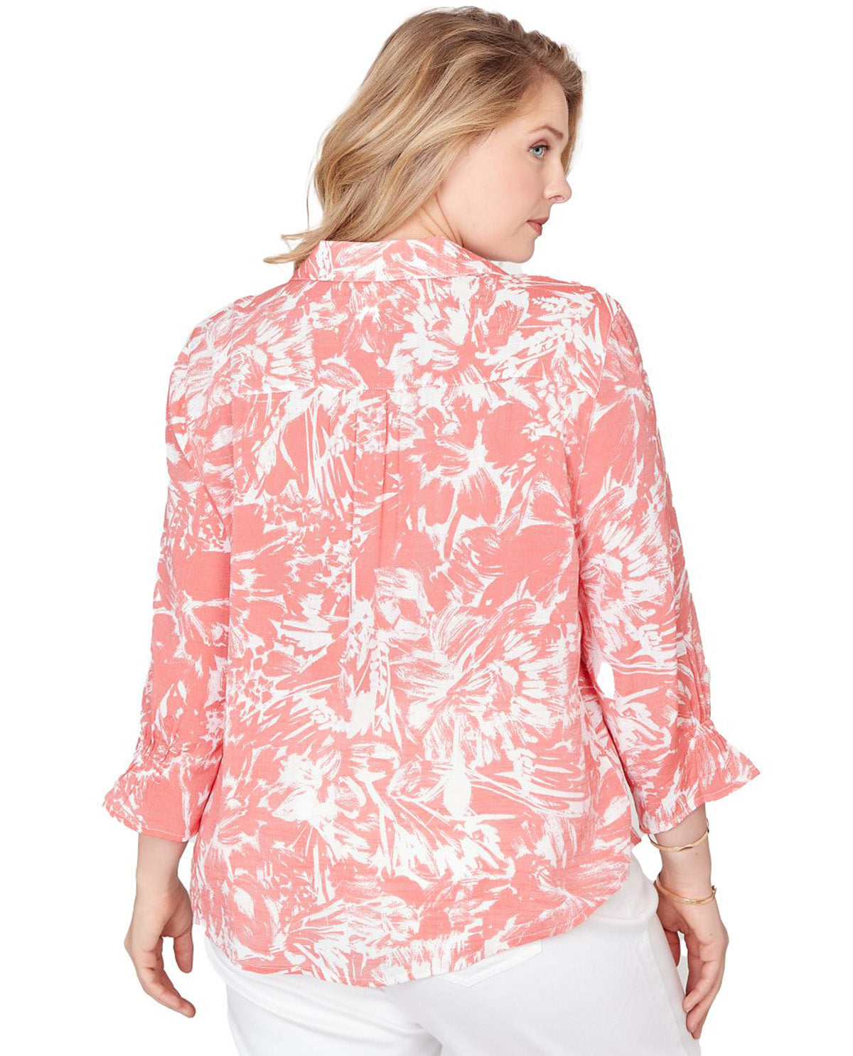 Ruby Road Floral Print Silky Slub Top Coral
