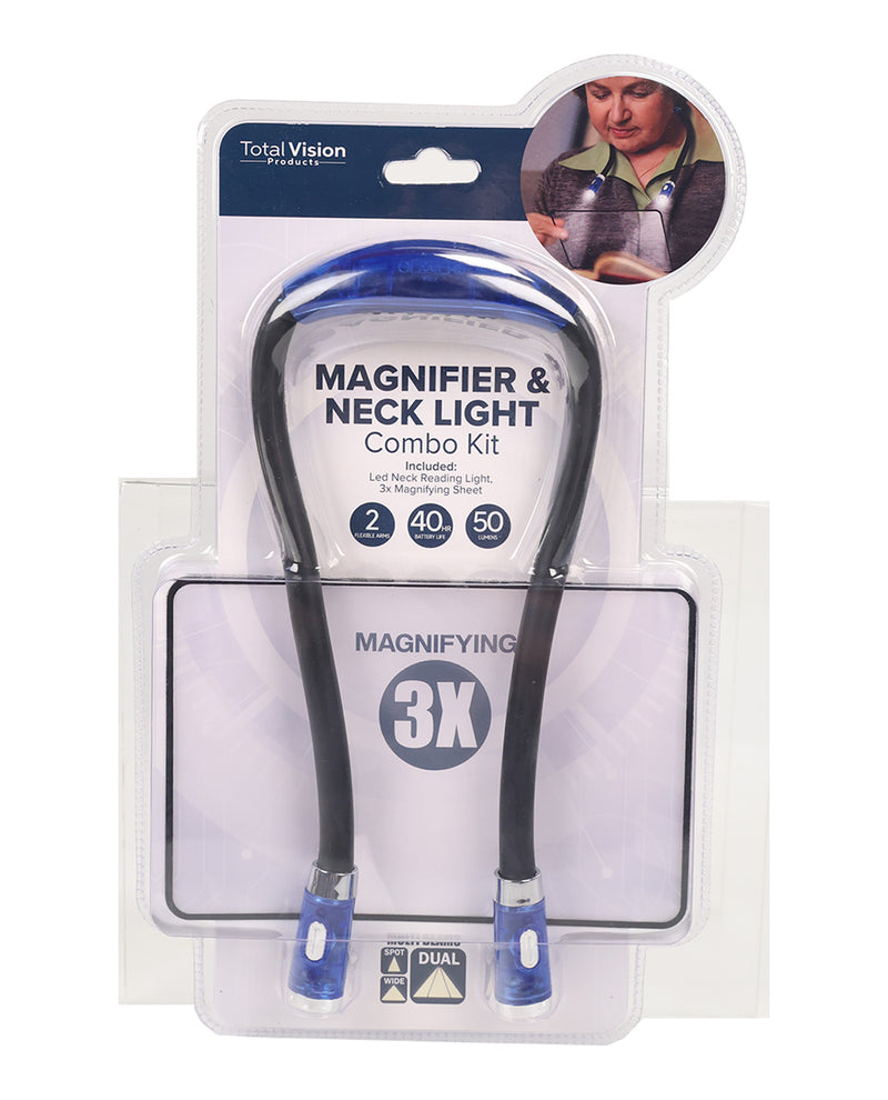 Total Vision Magnifier & Neck Light Combo Kit in retail blister packaging, featuring a black magnifying glass and a neck light with blue accents.