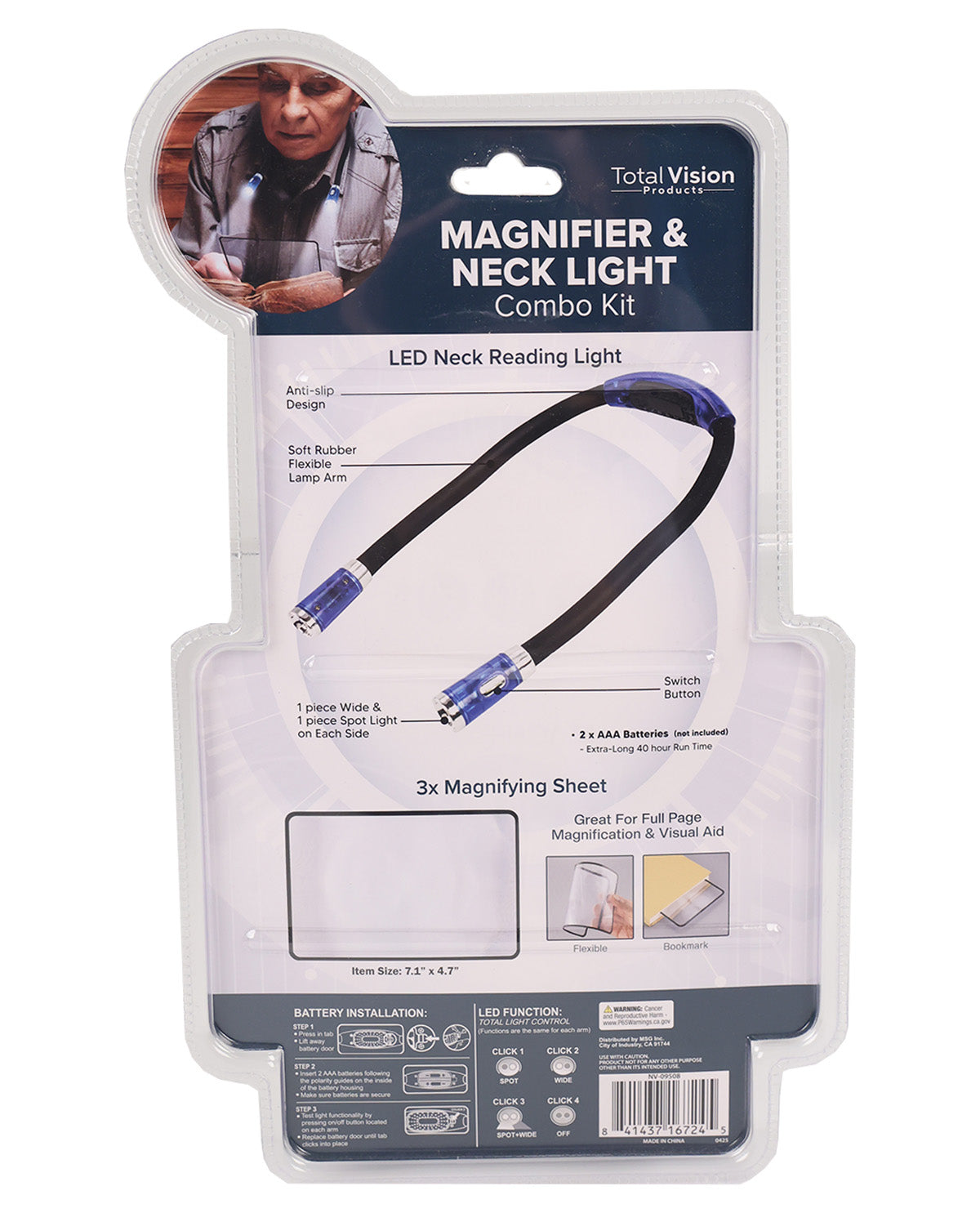Total Vision Magnifier & Neck Light Combo Kit in retail blister packaging