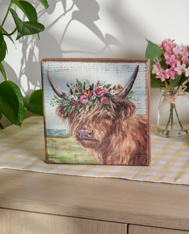 Primitives By Kathy Floral Cow Block Sign