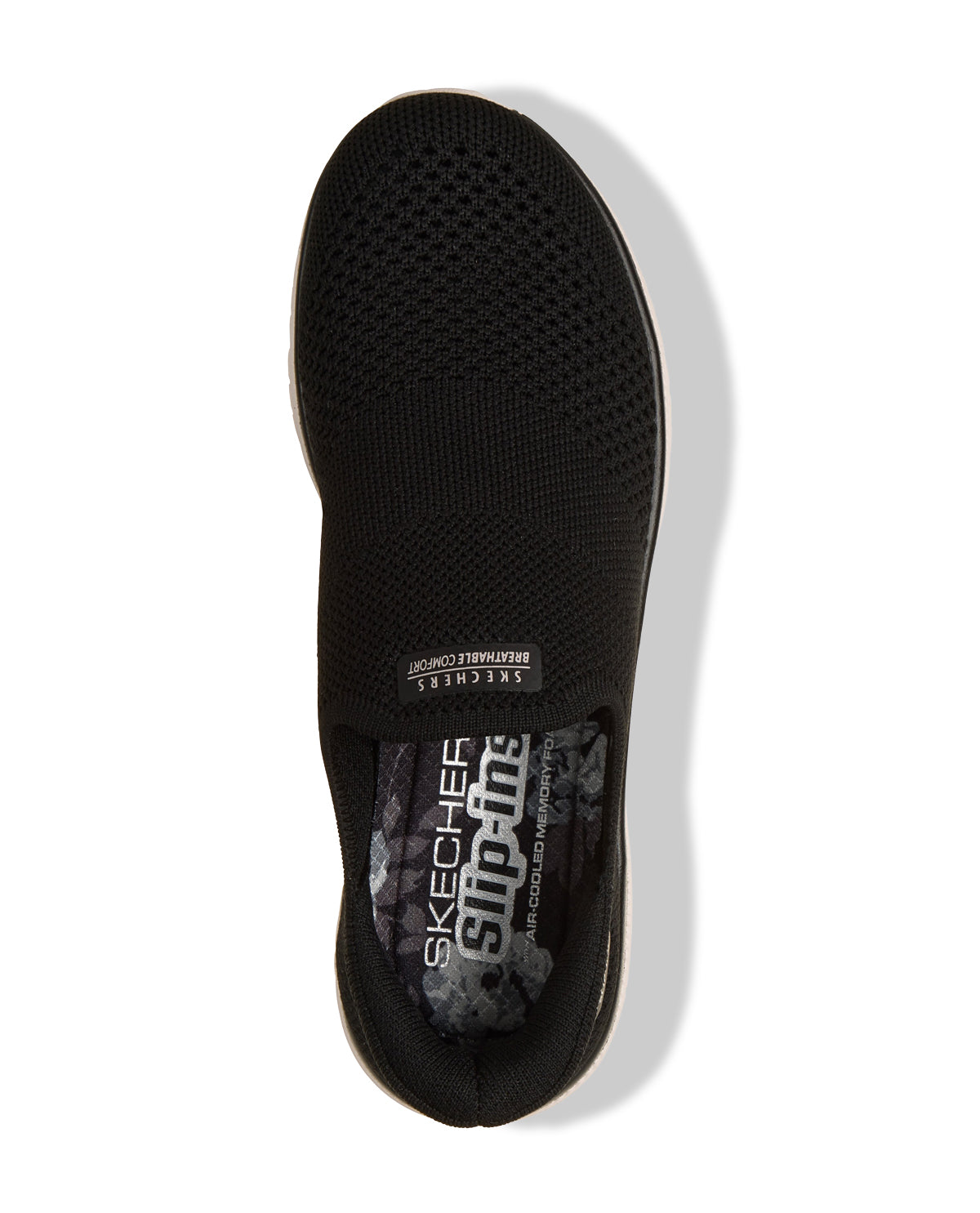 Black slip-on shoe with brand logo on a white background