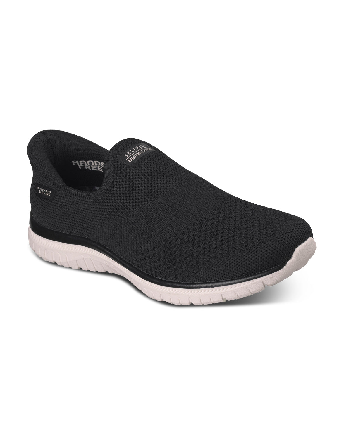 Black slip-on shoe with white sole on a white background