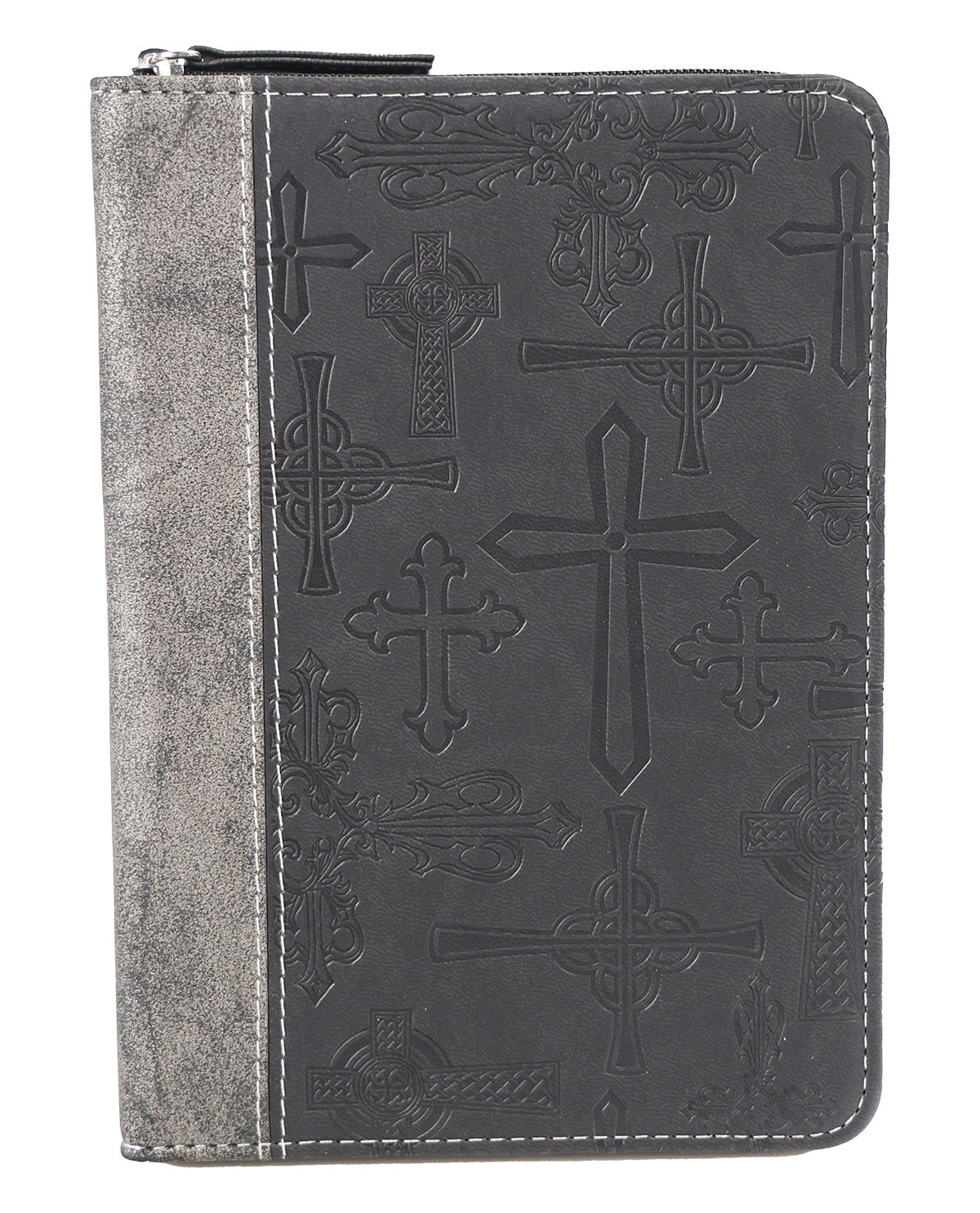 A dark gray zippered Bible or book cover with an embossed cross pattern on the front cover and a textured gray spine, shown against a plain white background.