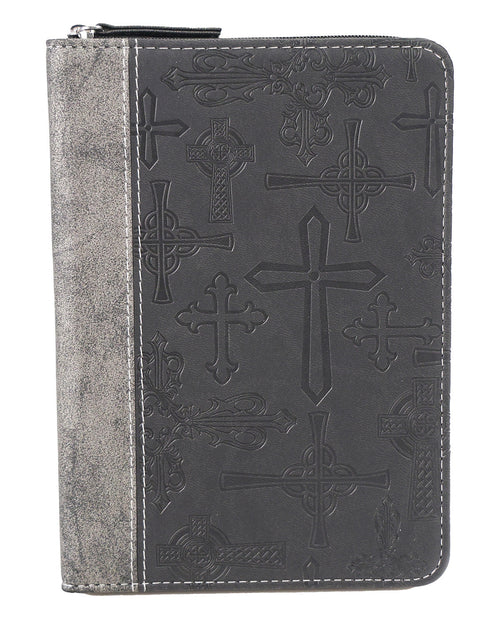 A dark gray zippered Bible or book cover with an embossed cross pattern on the front cover and a textured gray spine, shown against a plain white background.