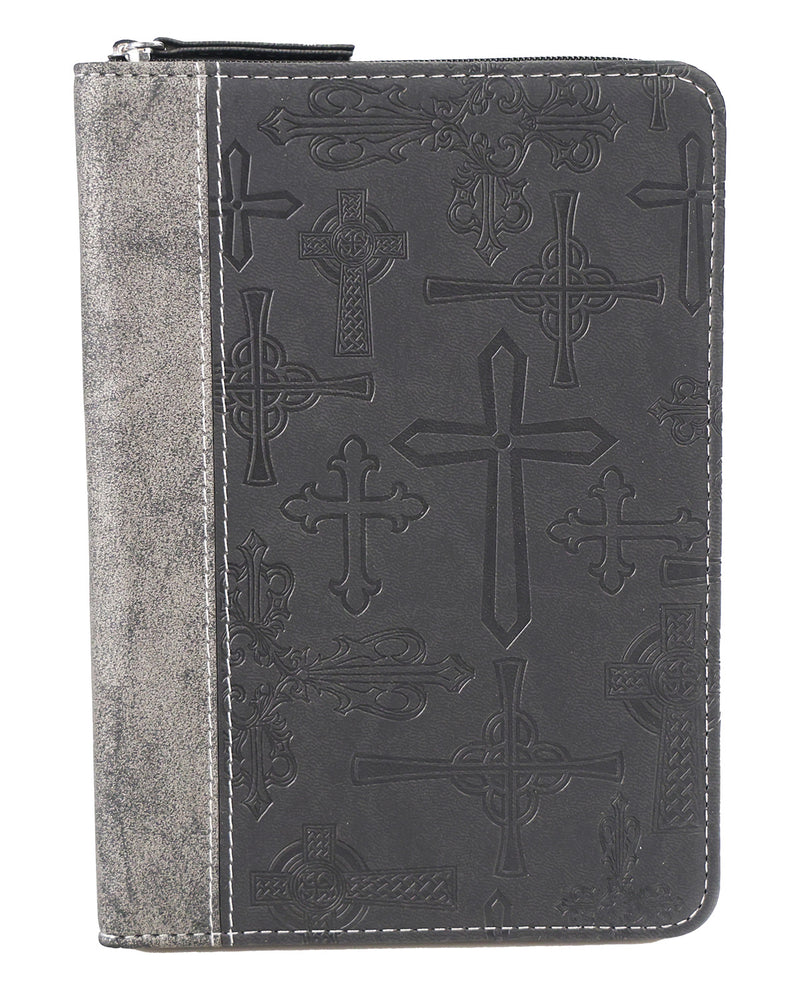 A dark gray zippered Bible or book cover with an embossed cross pattern on the front cover and a textured gray spine, shown against a plain white background.