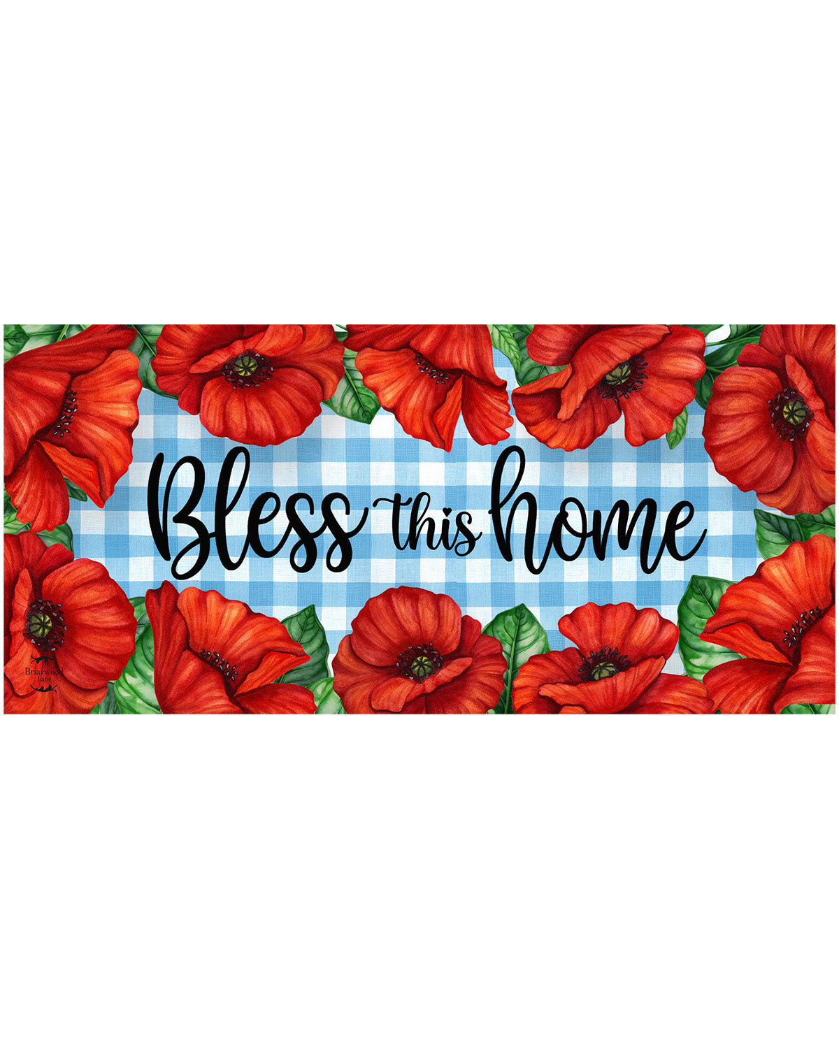 Decorative sign with red flowers and 'Bless this home' text on a blue checkered background