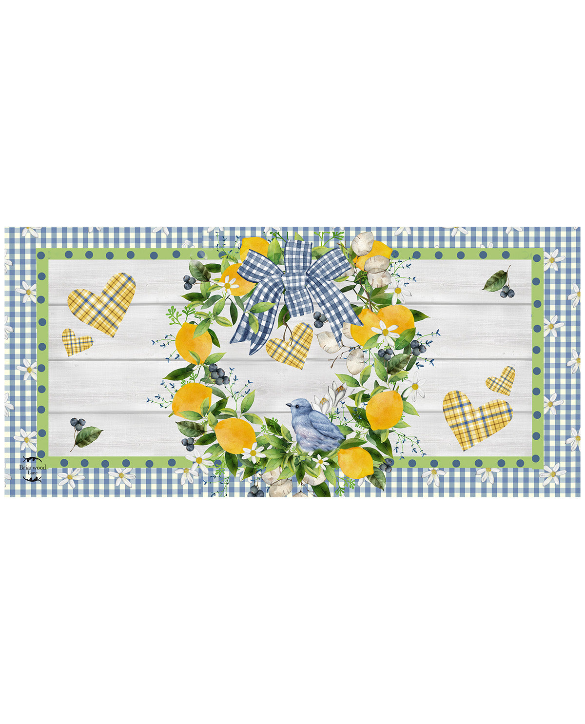 Decorative table runner with lemons, blue ribbons, and checkered border on a white background