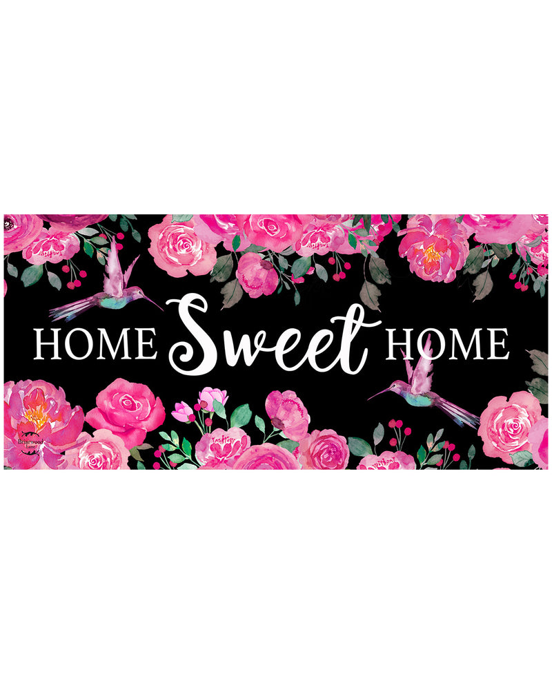 Decorative banner with 'Home Sweet Home' text and pink floral design on a black background